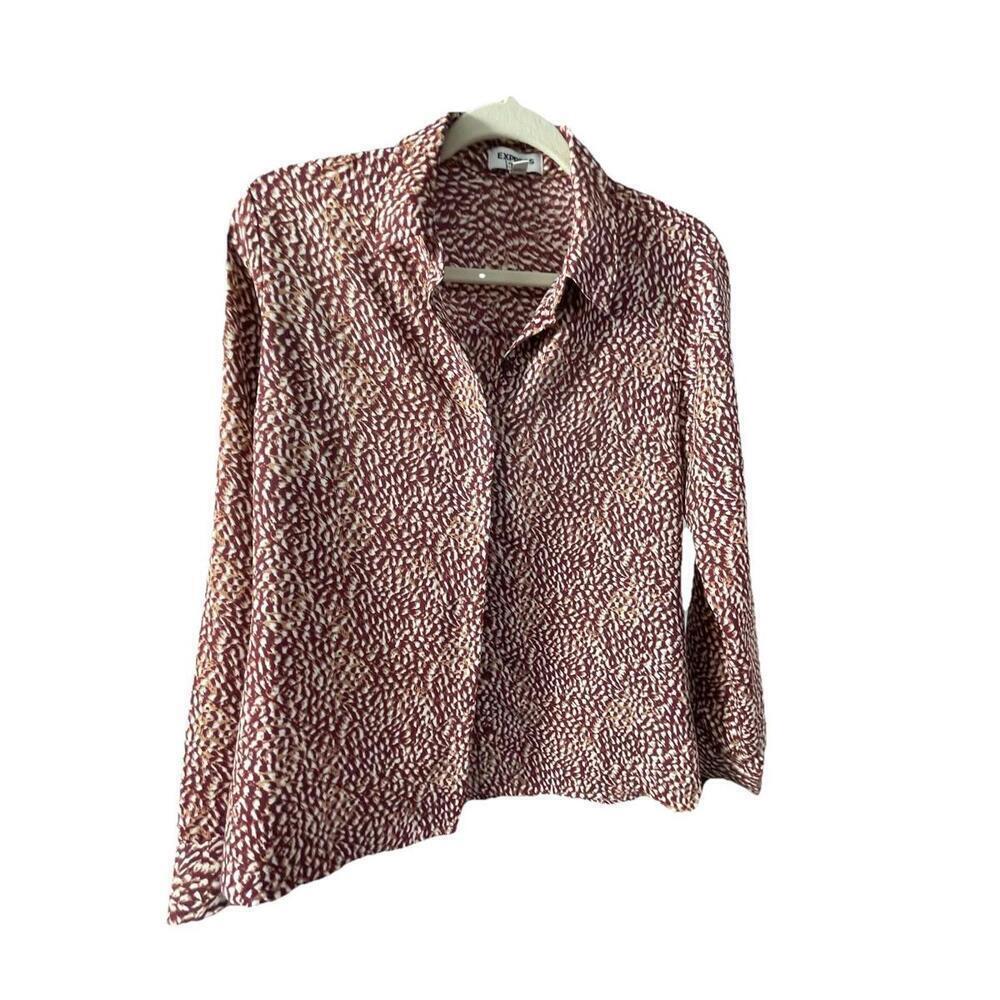Express The Portofino Shirt Burgundy Cream Gold Blouse Sz Small